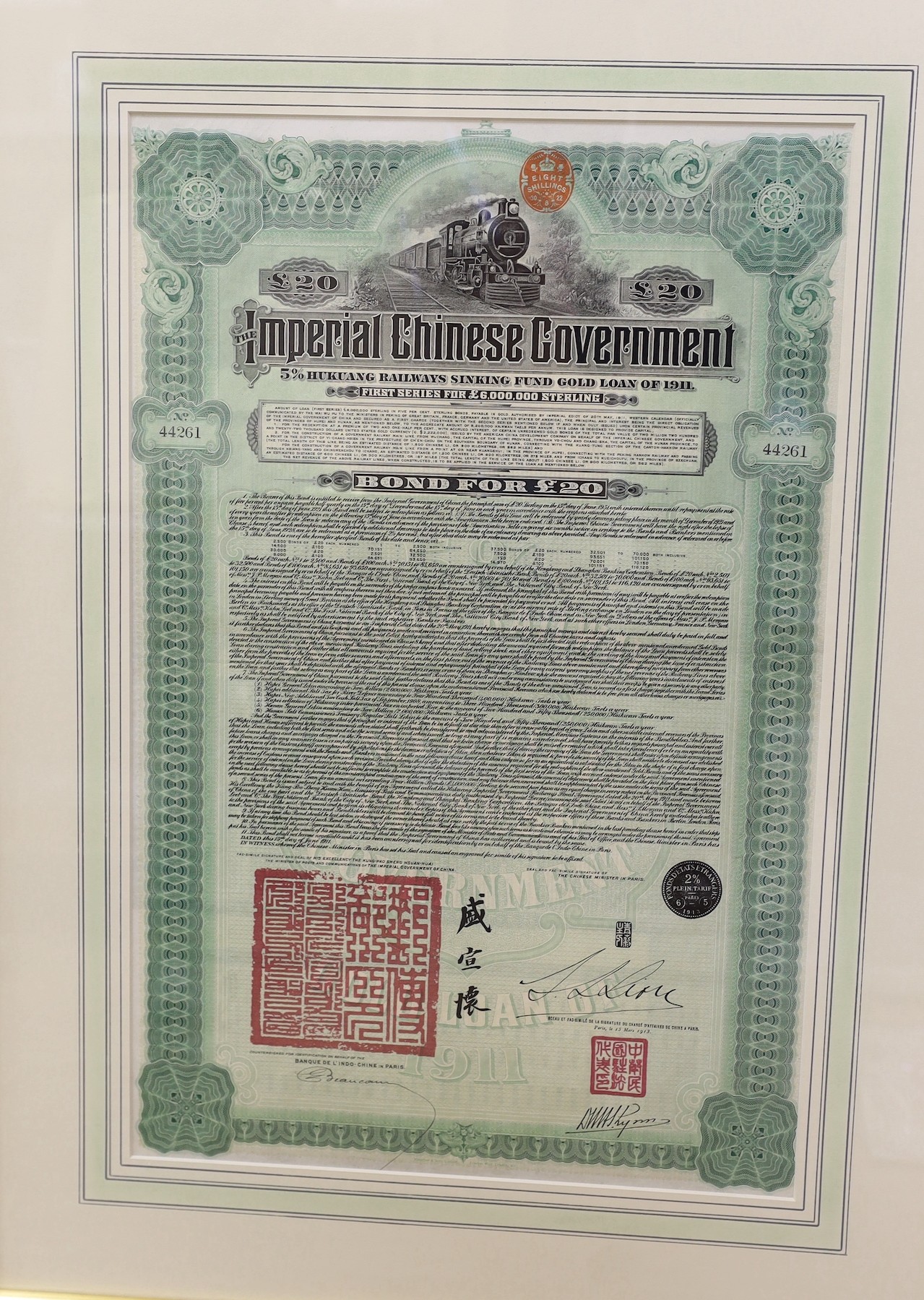 Chinese imperial bonds, including Imperial Chinese government £20 railways sinking fund gold loan of 1911, framed Chinese Imperial Railway 5% government guaranteed bond 1904, some coupons attached and Railway loan bond f